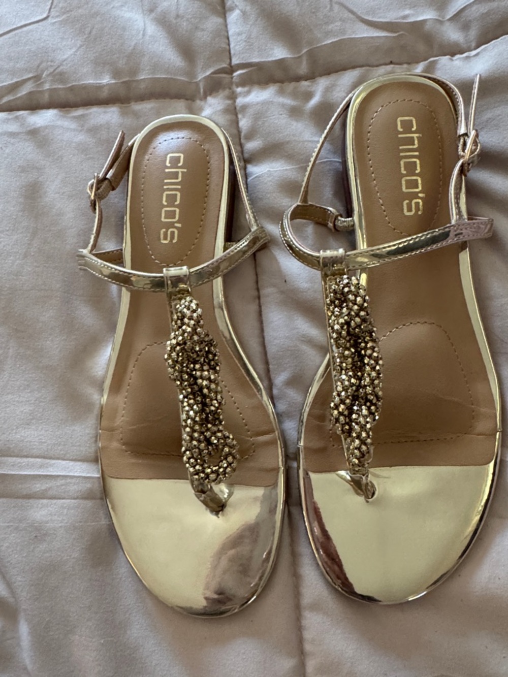 Chico's Gold Beaded T-Strap Sandals